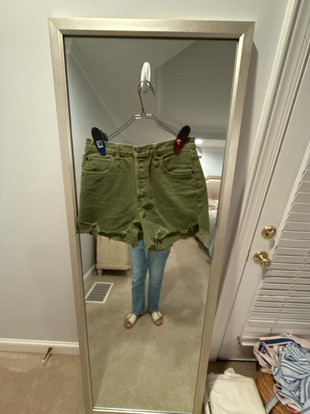We The Free Makai Cutoff High-Rise Distressed Denim Shorts in Olive Green (40)